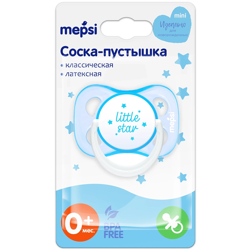 Соска-пустышка Mepsi Mini Little Star латексная классическая (0+) голубая 1/6