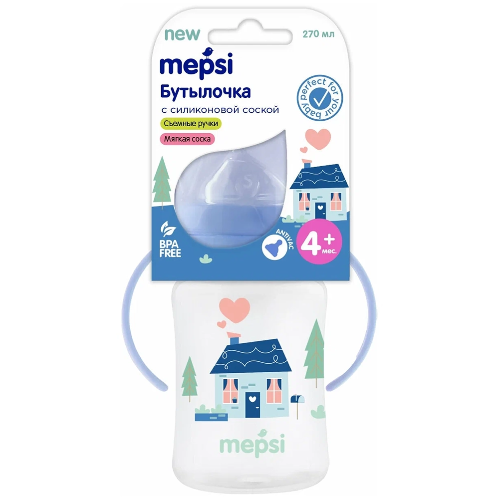 Бутылочка для кормления Mepsi House с широким горлышком, с силиконовой соской, с ручками (4+ мес) 270 мл 1/6
