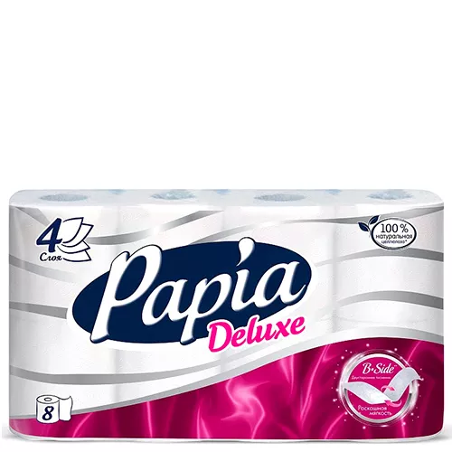 Туалетная бумага Papia Deluxe четырёхслойная белая 8 рулонов 1/7