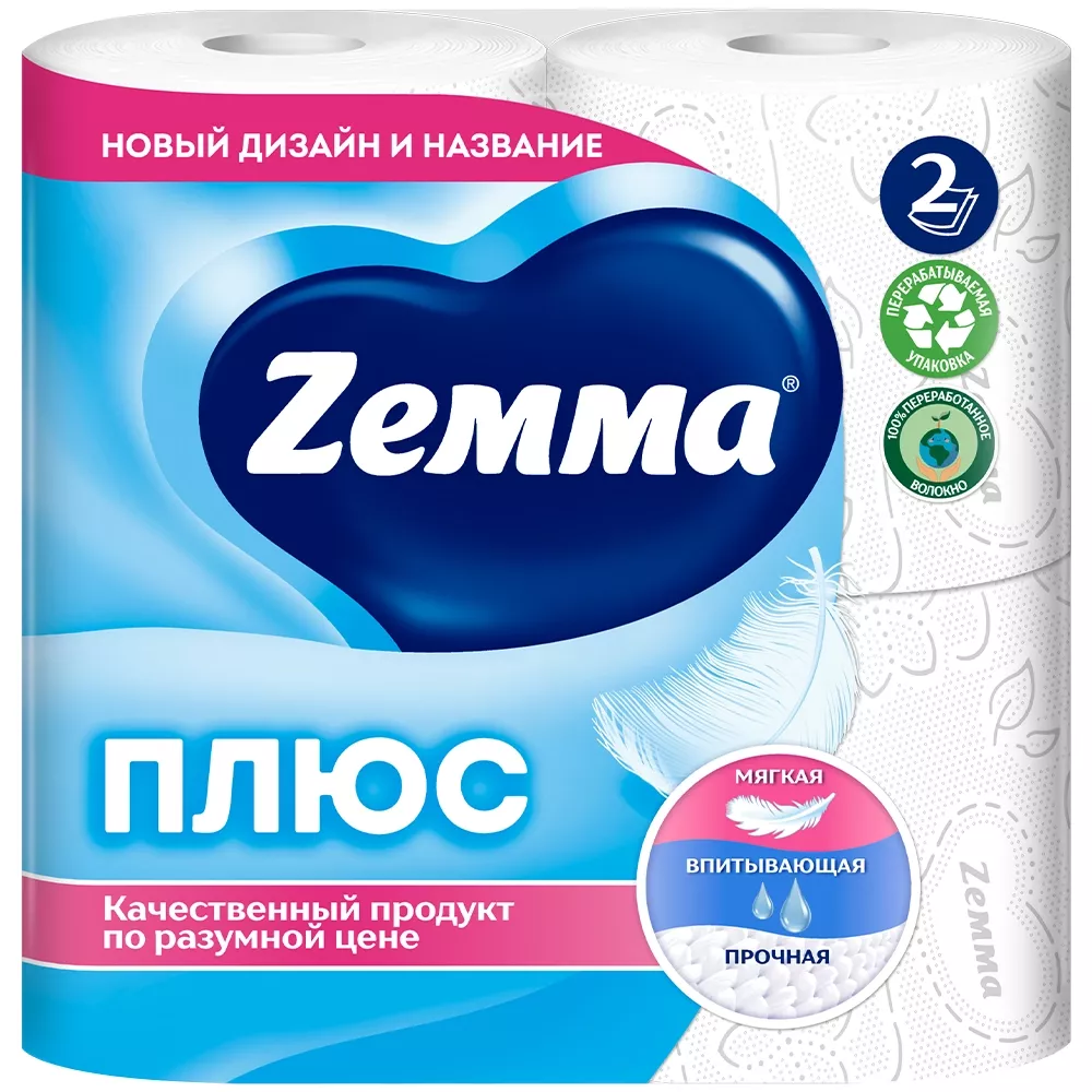 Туалетная бумага Zemma (Zewa) двухслойная белая 4 рулона 1/24