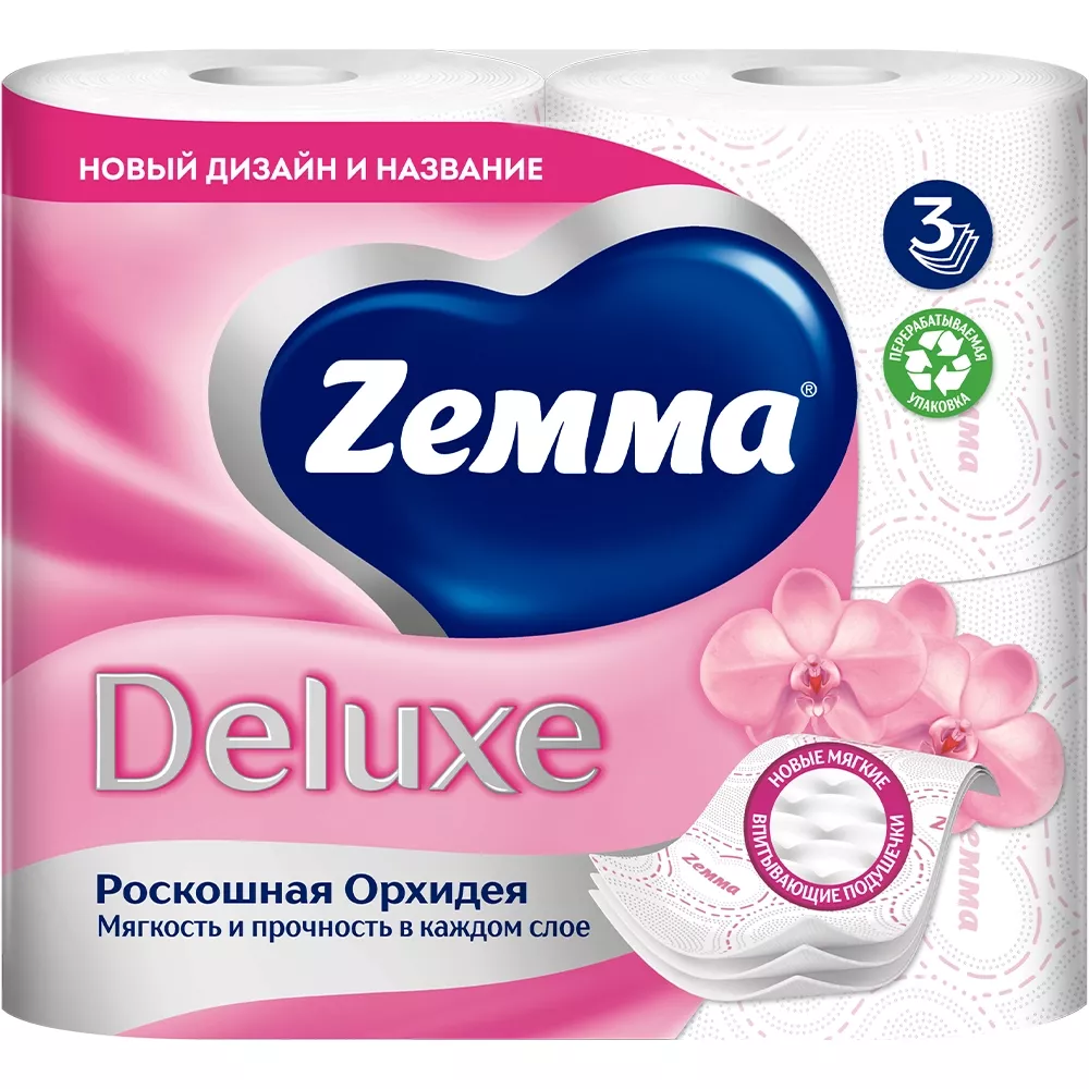 Туалетная бумага Zemma (Zewa) Deluxe Орхидея трёхслойная 4 рулона 1/14
